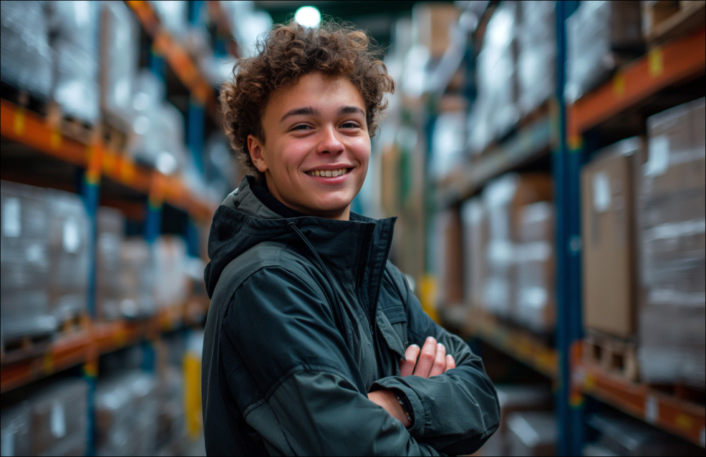 Auszubildender im Logistiklager zwischen Hochregalen