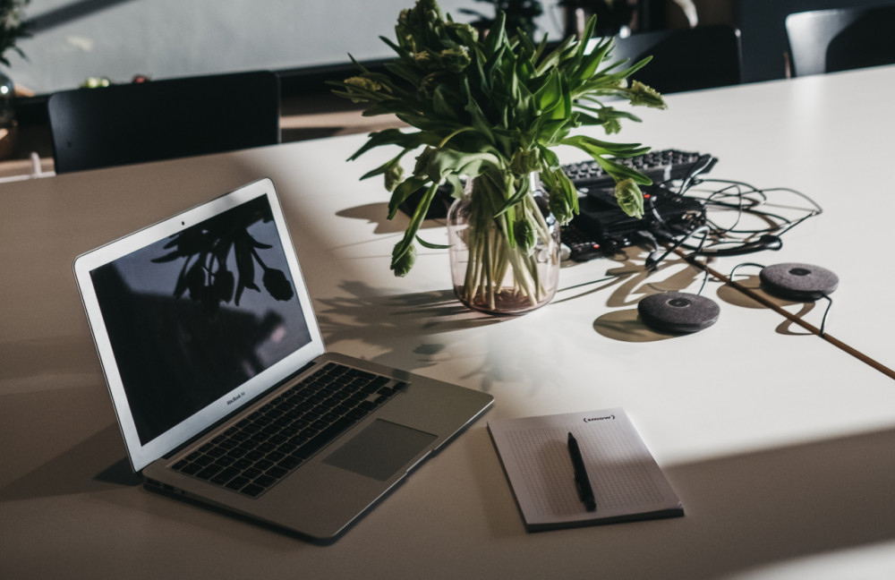 Moderner Arbeitsplatz mit Laptop und Pflanzen im Büro