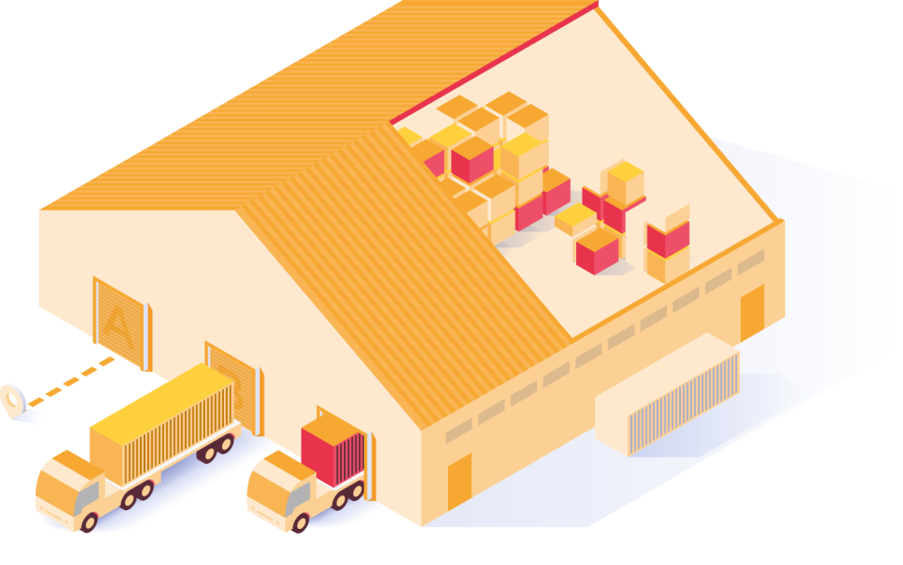 Illustration eines modernen Logistiklagers mit LKW, Paketen und Warenverwaltung