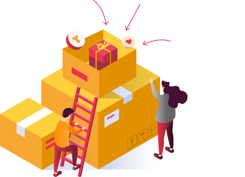 Illustration von Paketlogistik mit gestapelten Versandkartons und Mitarbeitern